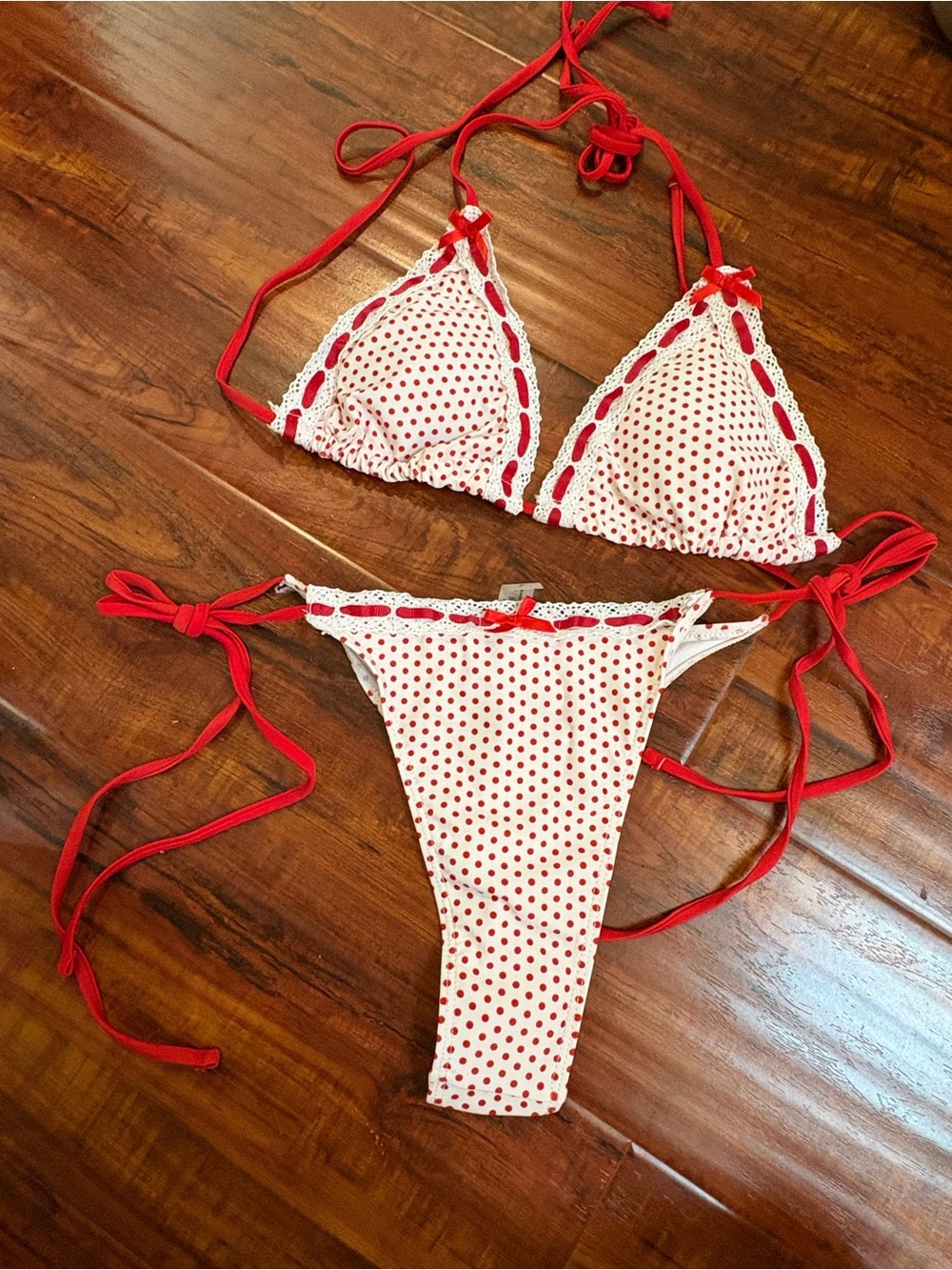 New Red Polka Dot Tie-Side Bikini Set- size L